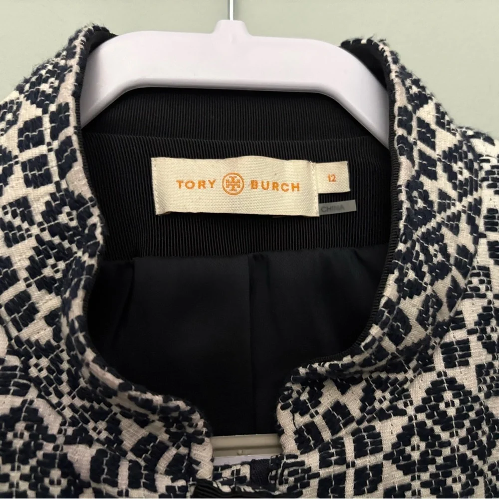 Tory Burch Embellished Jacquard Jacket Size 12 Navy Ivory Collarless Blazer